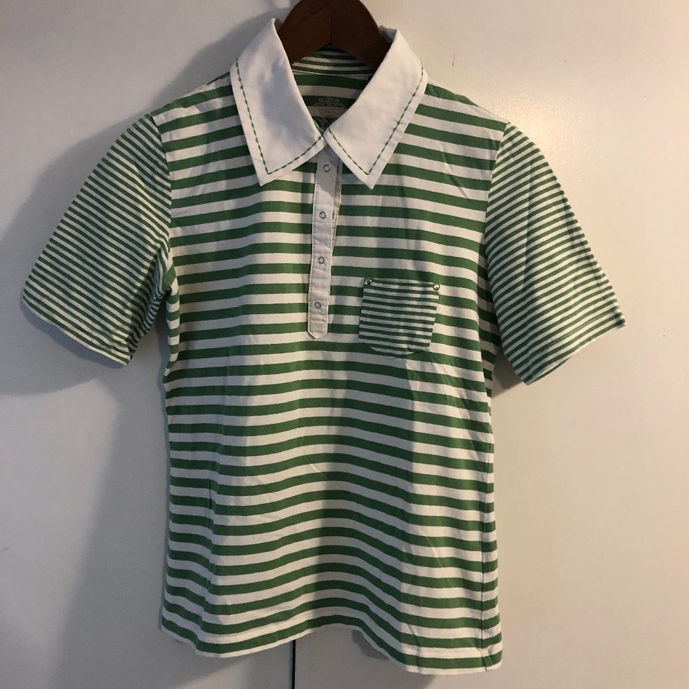 EUC Frank Walder Green White Stitched Collar Short Slv T Shirt Top Size US 6 B71